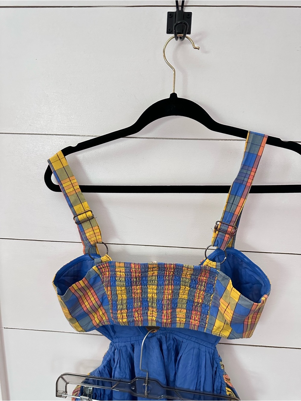 Free People M Bridget yellow-blue plaid open halter 100% cotton back mini dress - Picture 9 of 13